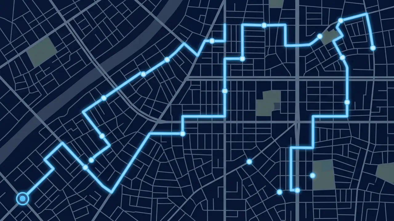 Mapa de la ciudad con la ruta de reparto y los puntos de entrega trazados sobre las calles.